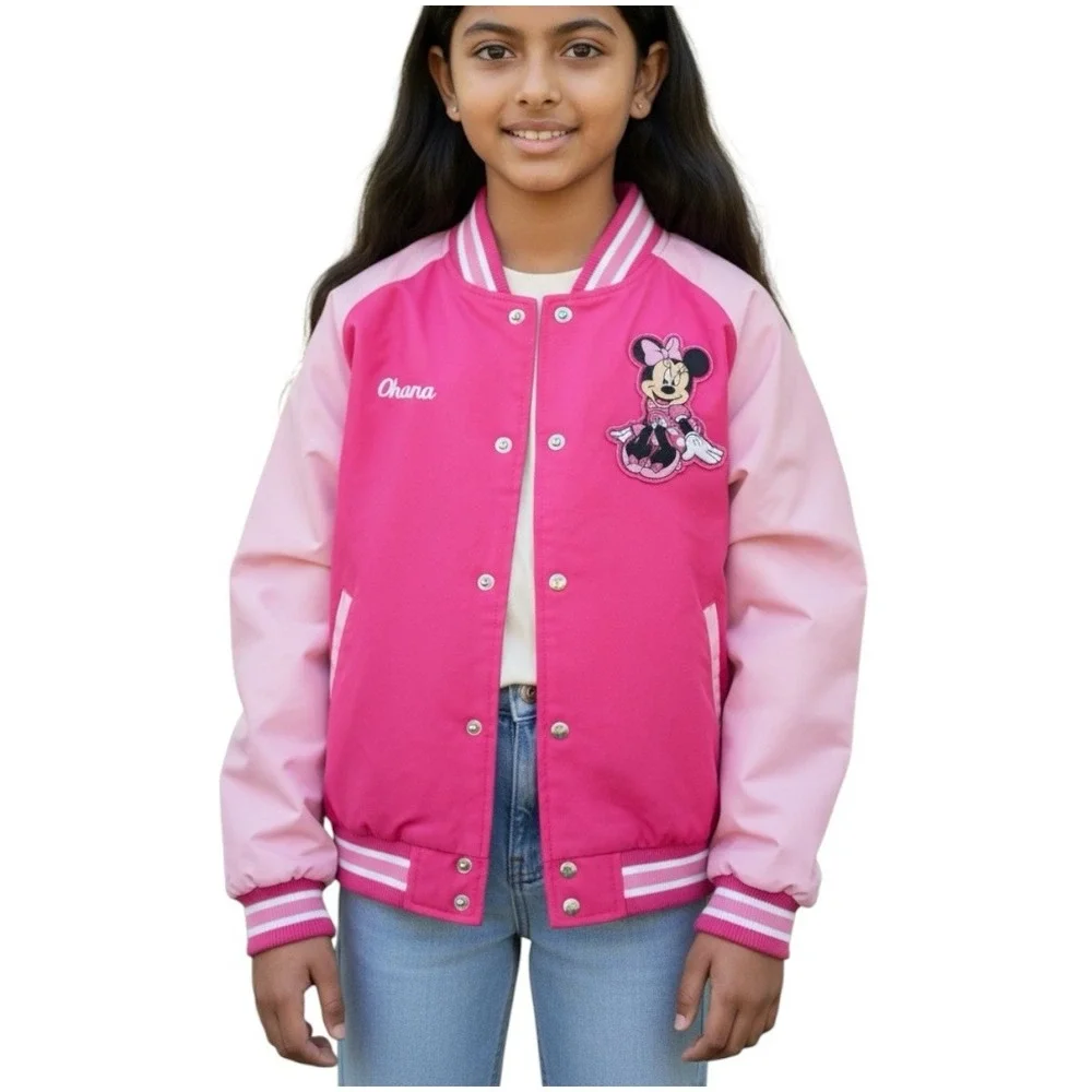 Disney Minnie Mouse Bomber Jacket Pink Girls 7/8 Ohana "Family" Embroidered - Picture 1 of 15
